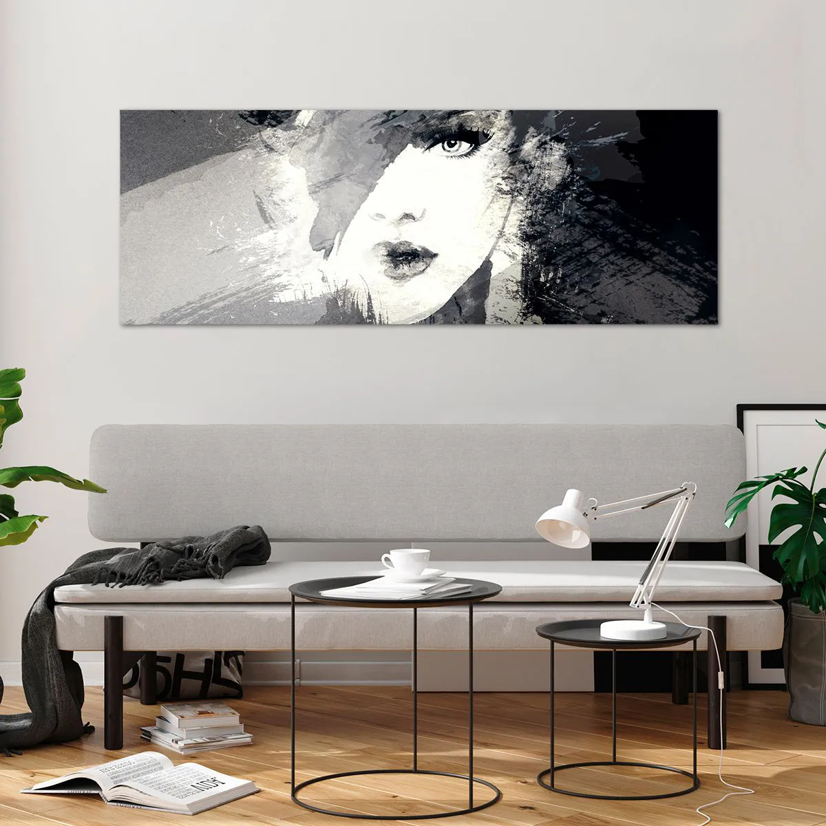 Cuadro sobre vidrio - Impresiones sobre Vidrio - Un retrato abstracto de una mujer en tonos grises con acentos delicados. - 140x50cm - Tras un velo gris - Decoración de pared moderna para salón y dormitorio ARTTOR