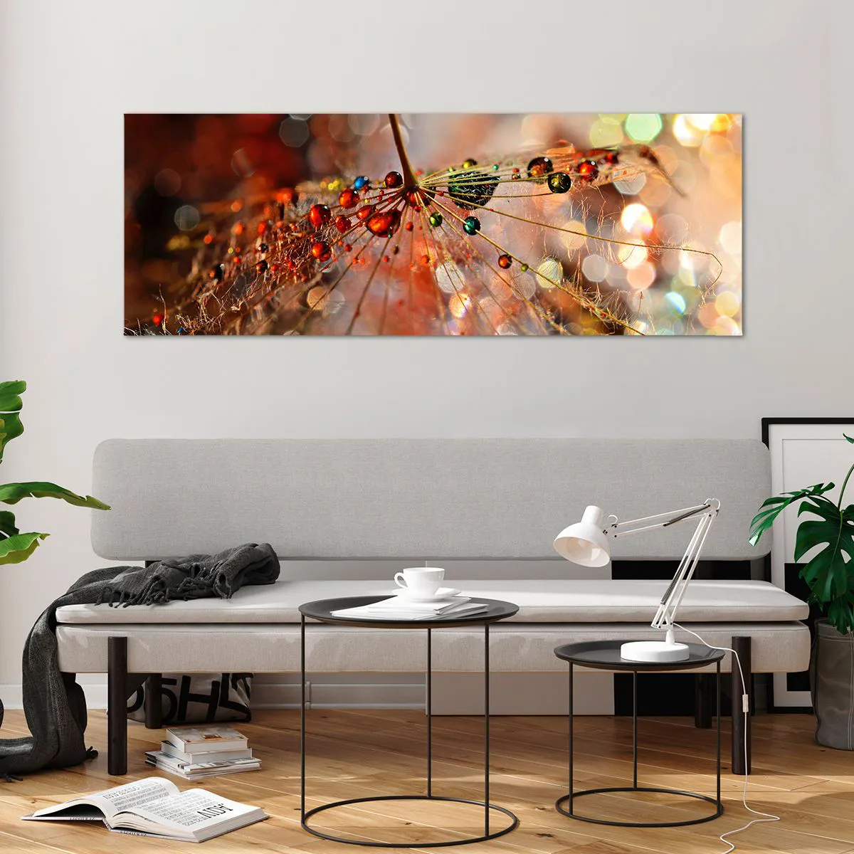 Glasbild - Bild auf glas - Makrofotografie eines Wassertropfens auf einer zarten Pflanze - 140x50cm - Auf einem Spinnenfaden aufgefädelt - Moderne Wanddekoration für Wohnzimmer und Schlafzimmer ARTTOR