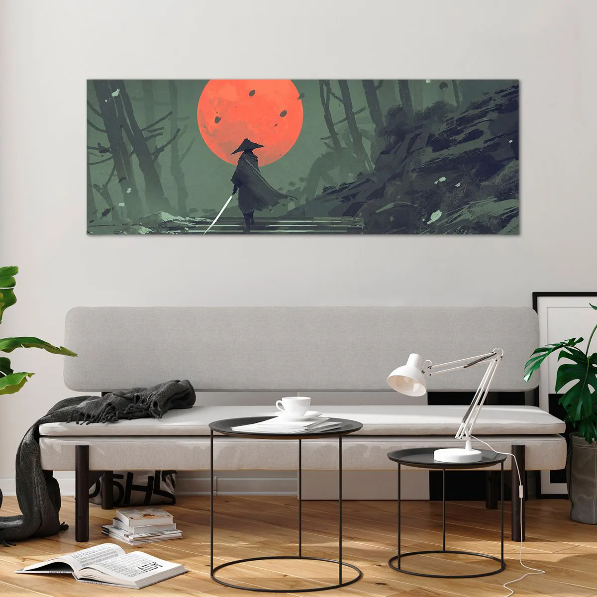 Impression sur verre - Image sur verre - Un guerrier solitaire avec une épée sur fond de lune rouge dans une forêt sombre. - 140x50cm - Guerrier de la lune rouge - Décoration murale moderne pour le salon et la chambre ARTTOR