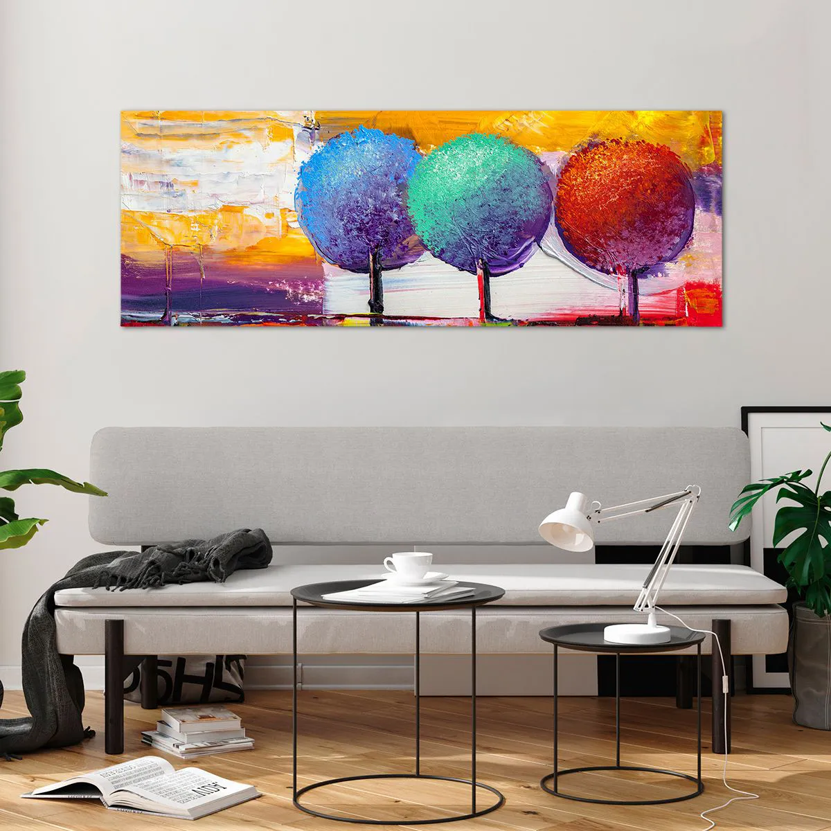 Impression sur verre - Image sur verre - Trois arbres colorés sur un fond abstrait - 140x50cm - Art jusqu'à trois - Décoration murale moderne pour le salon et la chambre ARTTOR