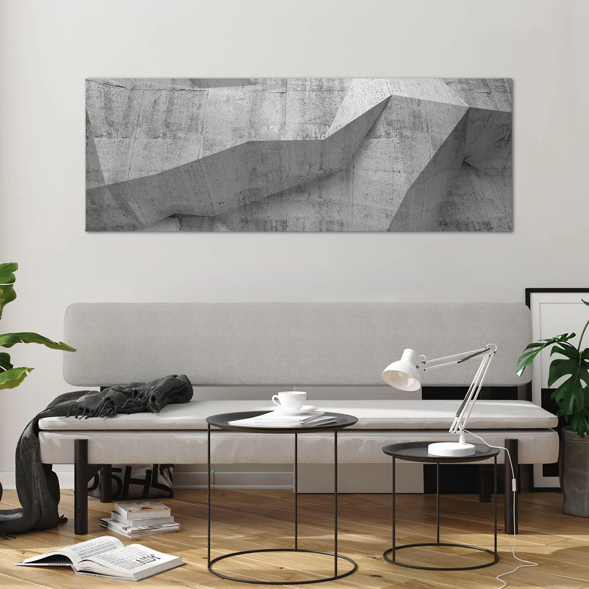 Quadro su vetro - Forme geometriche in cemento grigio - 140x50cm - Una vera sfida - Decorazione murale moderna per soggiorno e camera da letto ARTTOR