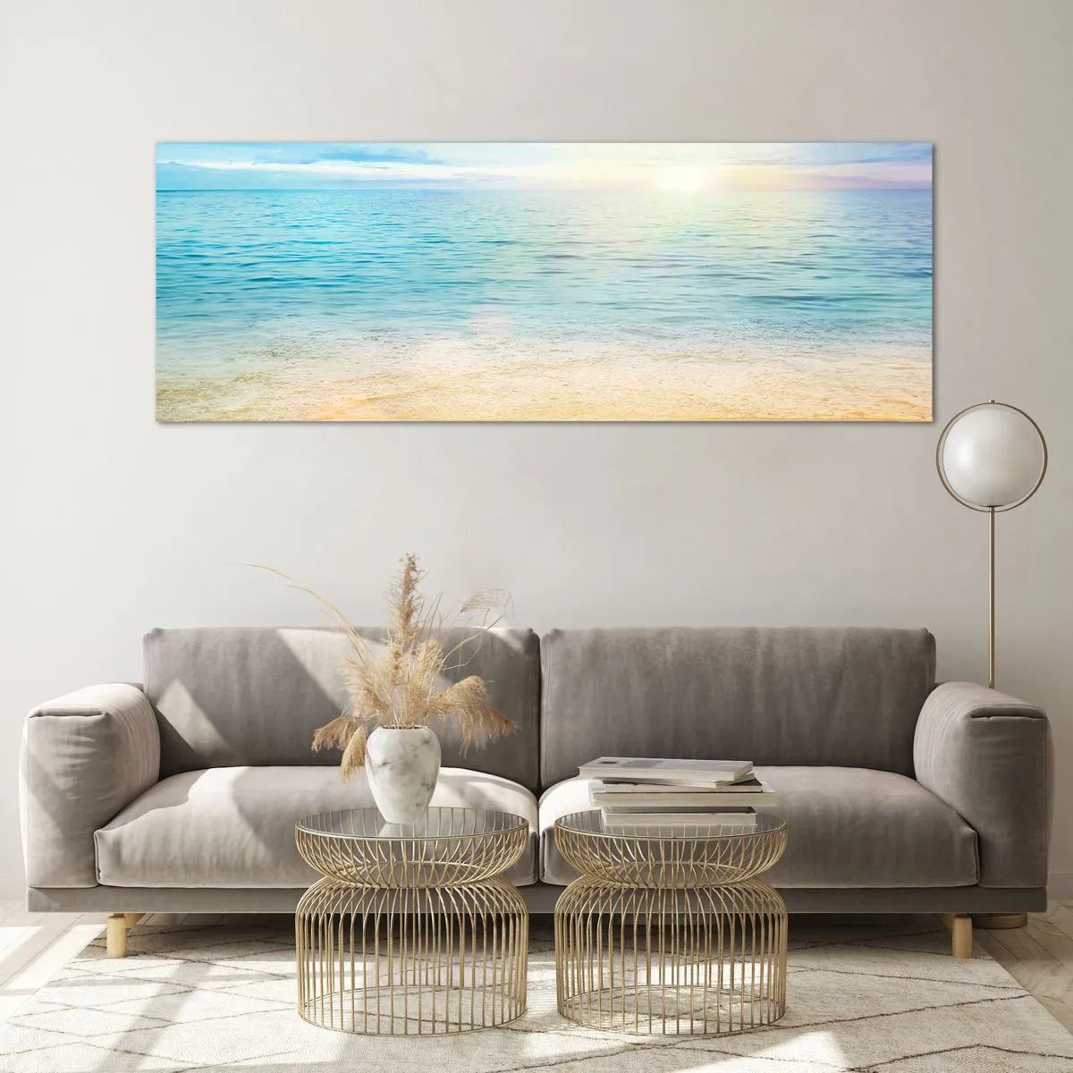 Cuadro sobre vidrio - Impresiones sobre Vidrio - Una playa con mar turquesa y cielo despejado. - 140x50cm - Gran cielo azul - Decoración de pared moderna para salón y dormitorio ARTTOR