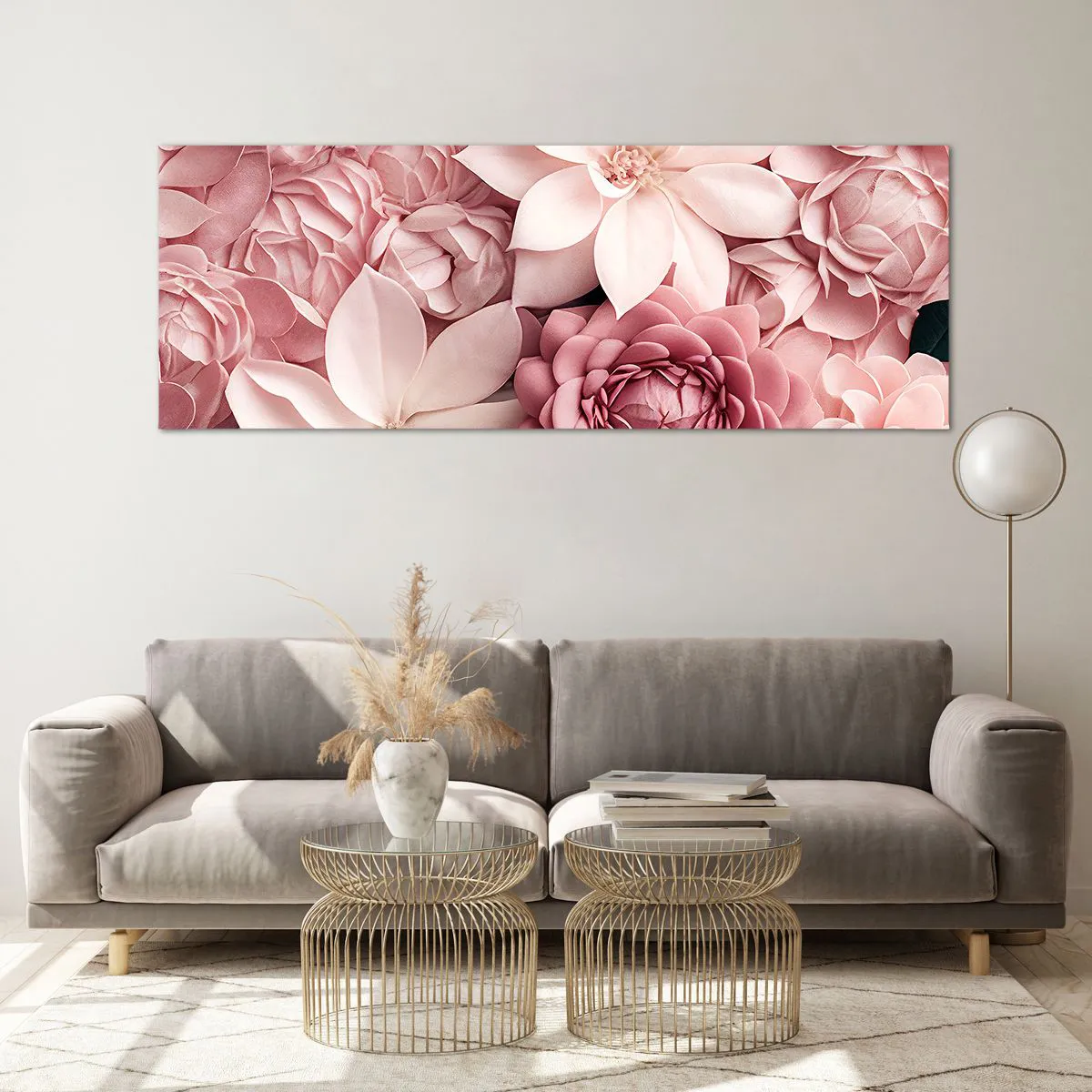 Obraz na szkle - Kwiaty w odcieniach różu i bieli w artystycznym ujęciu - 140x50cm - W różowych płatkach - Nowoczesna dekoracja ścienna do salonu i sypialni ARTTOR