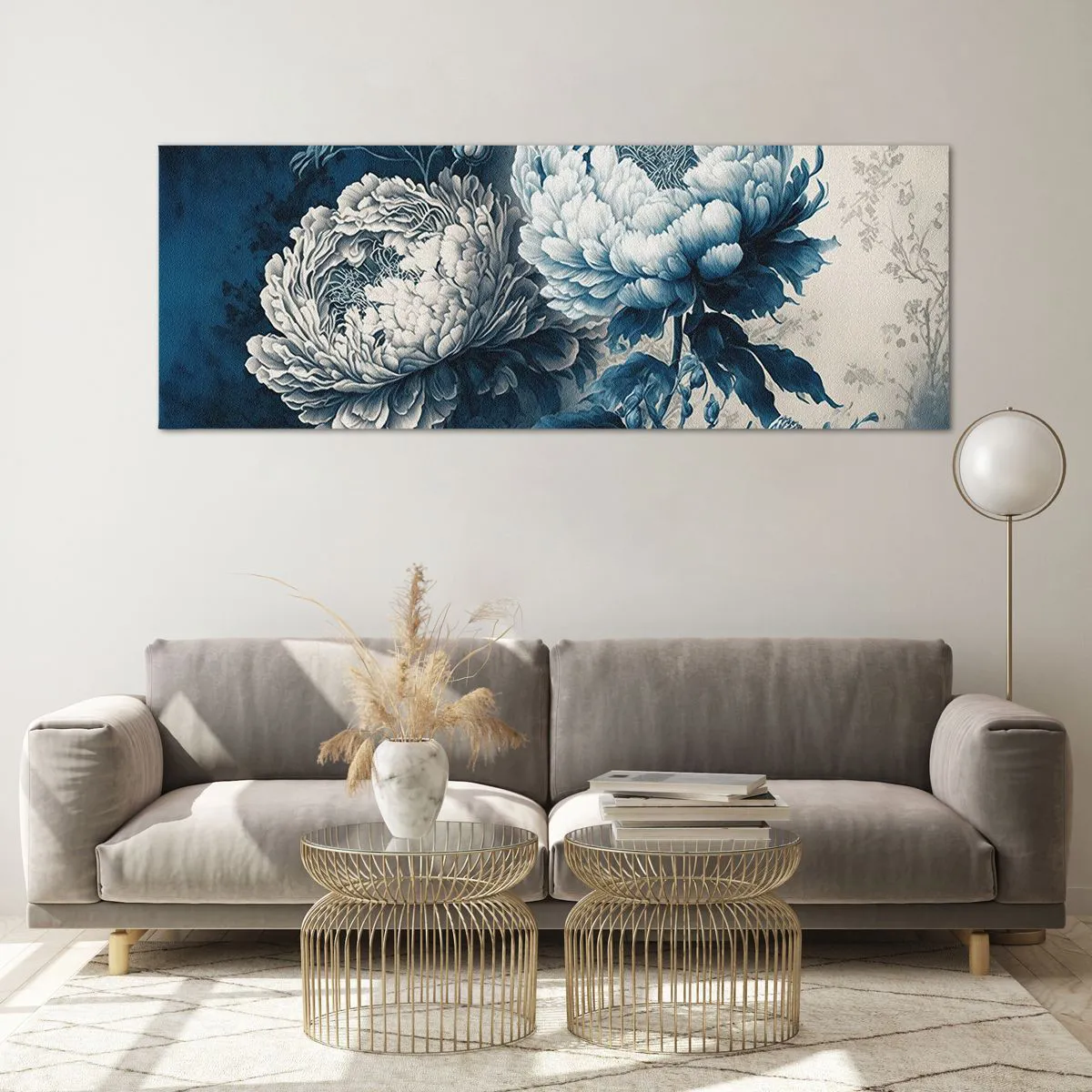 Cuadro sobre vidrio - Impresiones sobre Vidrio - Peonías azules sobre un fondo sutil con un patrón delicado. - 140x50cm - Una pareja unida - Decoración de pared moderna para salón y dormitorio ARTTOR