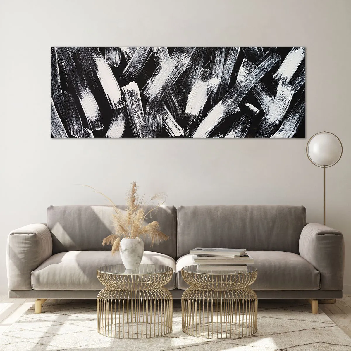 Cuadro sobre vidrio - Impresiones sobre Vidrio - Abstracción dinámica con pinceladas blancas sobre fondo negro. - 140x50cm - Abstracción en el espíritu industrial - Decoración de pared moderna para salón y dormitorio ARTTOR