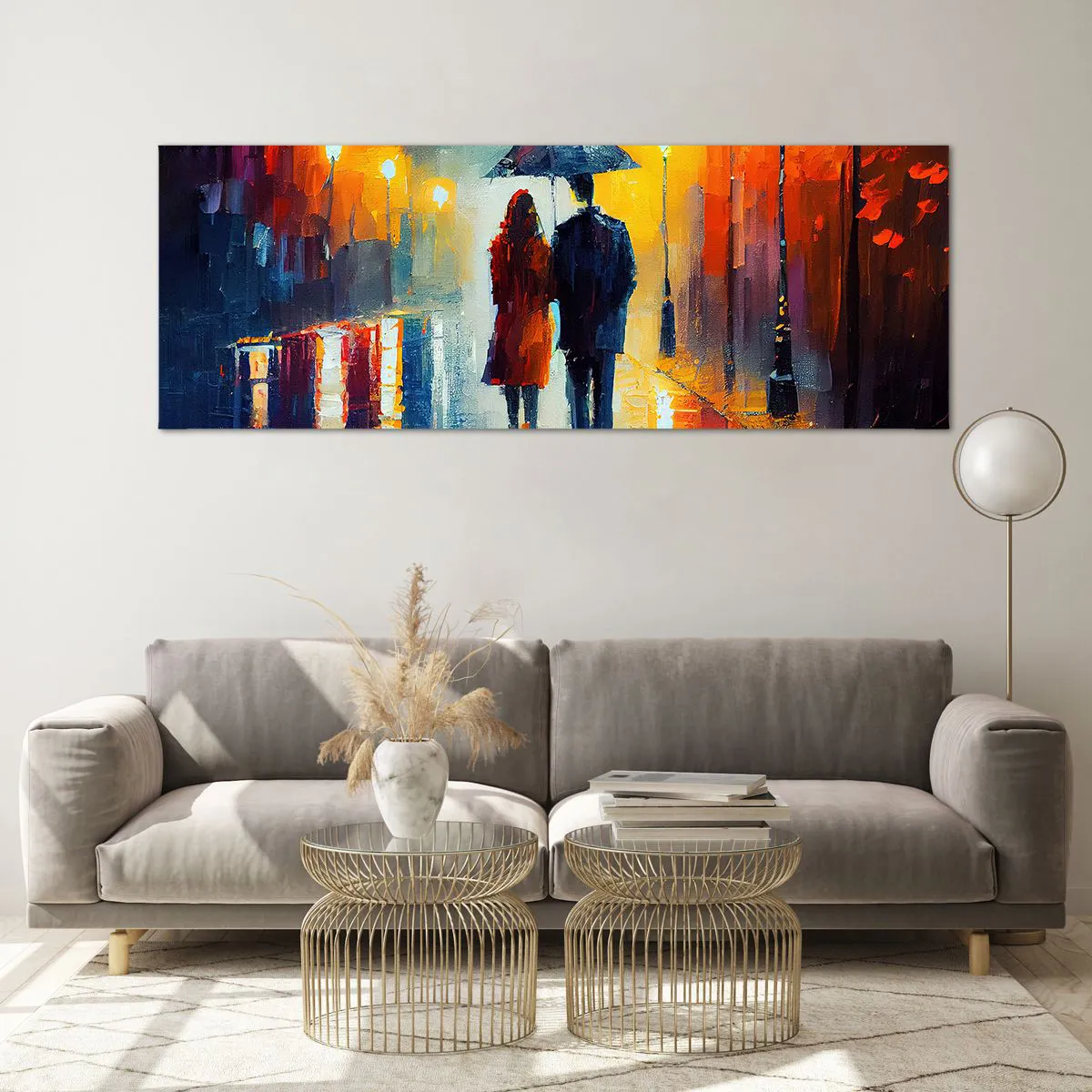 Quadro su vetro - Una coppia sotto un ombrello che cammina attraverso una colorata città notturna - 140x50cm - Insieme la notte è colorata - Decorazione murale moderna per soggiorno e camera da letto ARTTOR