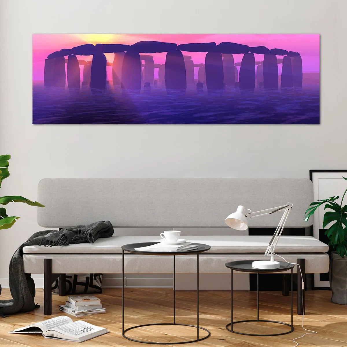 Impression sur verre - Image sur verre - Cercle de pierres au coucher du soleil avec un ciel violet - 160x50cm - Mystère à l'aube dans le brouillard - Décoration murale moderne pour le salon et la chambre ARTTOR