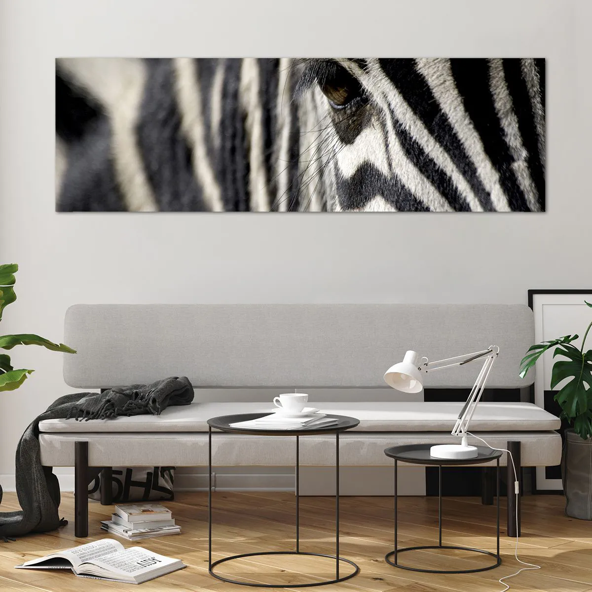 Quadro su vetro - Primo piano dell'occhio di una zebra con strisce bianche e nere - 160x50cm - Ritratto a strisce - Decorazione murale moderna per soggiorno e camera da letto ARTTOR