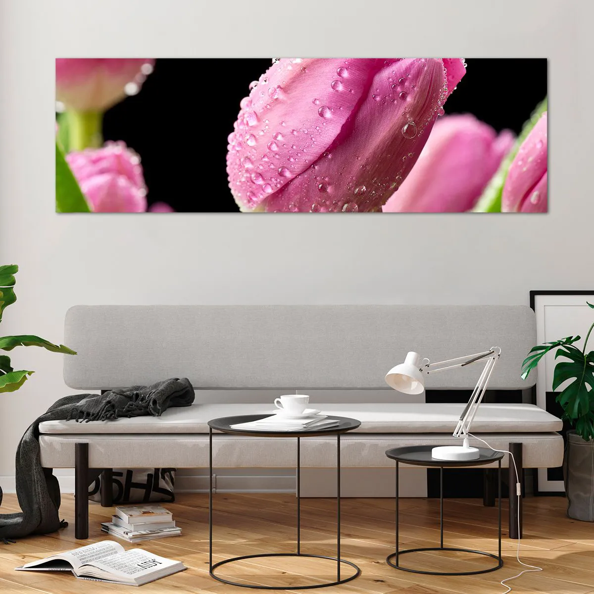 Glasbild - Bild auf glas - Rosa Tulpe mit Wassertropfen auf schwarzem Hintergrund - 160x50cm - Lila Traum im Tau - Moderne Wanddekoration für Wohnzimmer und Schlafzimmer ARTTOR