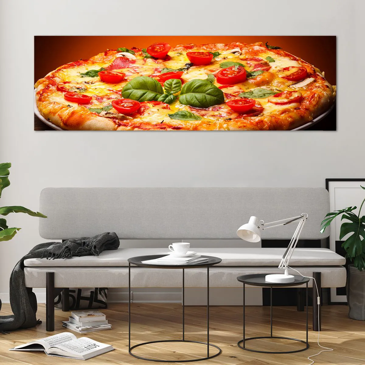Impression sur verre - Image sur verre - Pizza aux tomates et au basilic sur une table en bois - 160x50cm - Mamma mia! - Décoration murale moderne pour le salon et la chambre ARTTOR