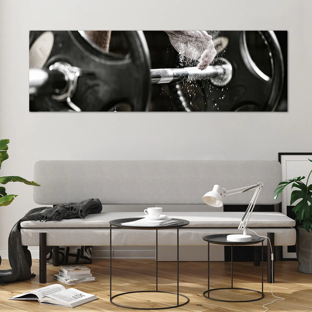 Impression sur verre - Image sur verre - Des haltères et les mains d'un athlète se préparant à l'entraînement - 160x50cm - Défi accepté! - Décoration murale moderne pour le salon et la chambre ARTTOR