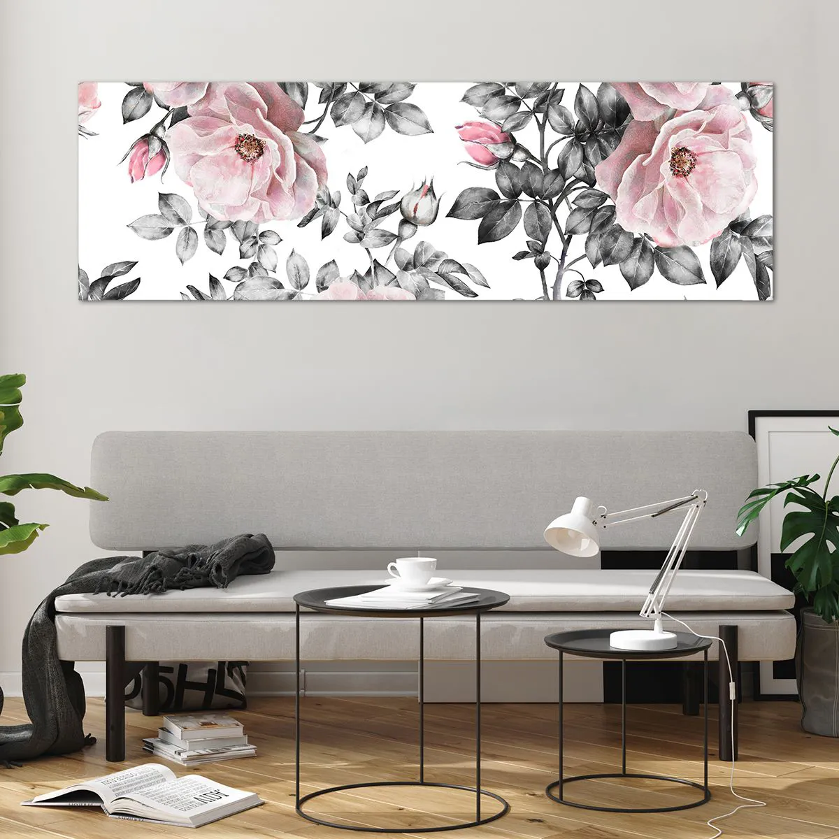 Impression sur verre - Image sur verre - Roses roses et feuilles sur un délicat fond noir et blanc - 160x50cm - Se perdre dans les fleurs des roses - Décoration murale moderne pour le salon et la chambre ARTTOR