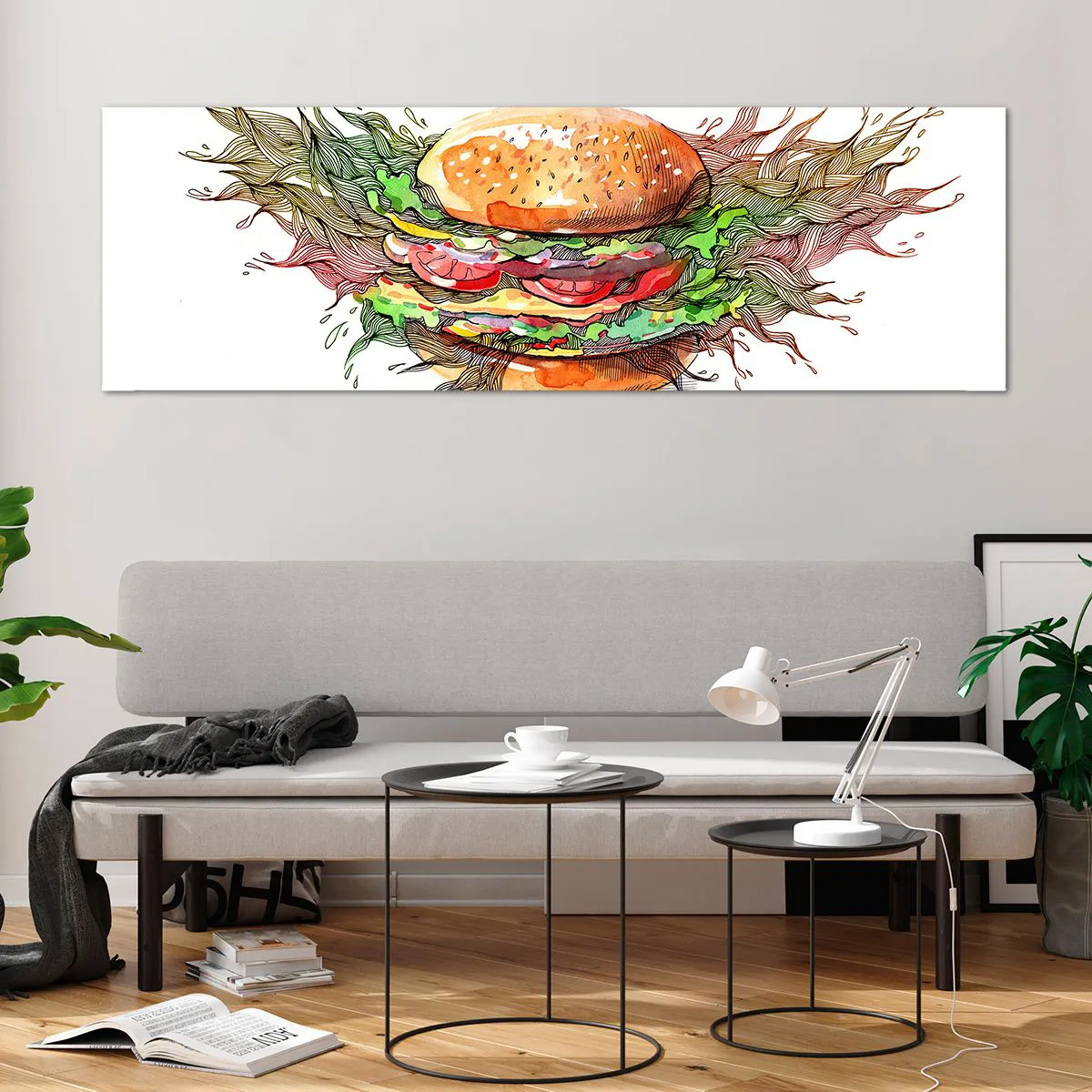 Impression sur verre - Image sur verre - Illustration artistique d'un burger avec des éléments dynamiques - 160x50cm - Tentation chaude - Décoration murale moderne pour le salon et la chambre ARTTOR