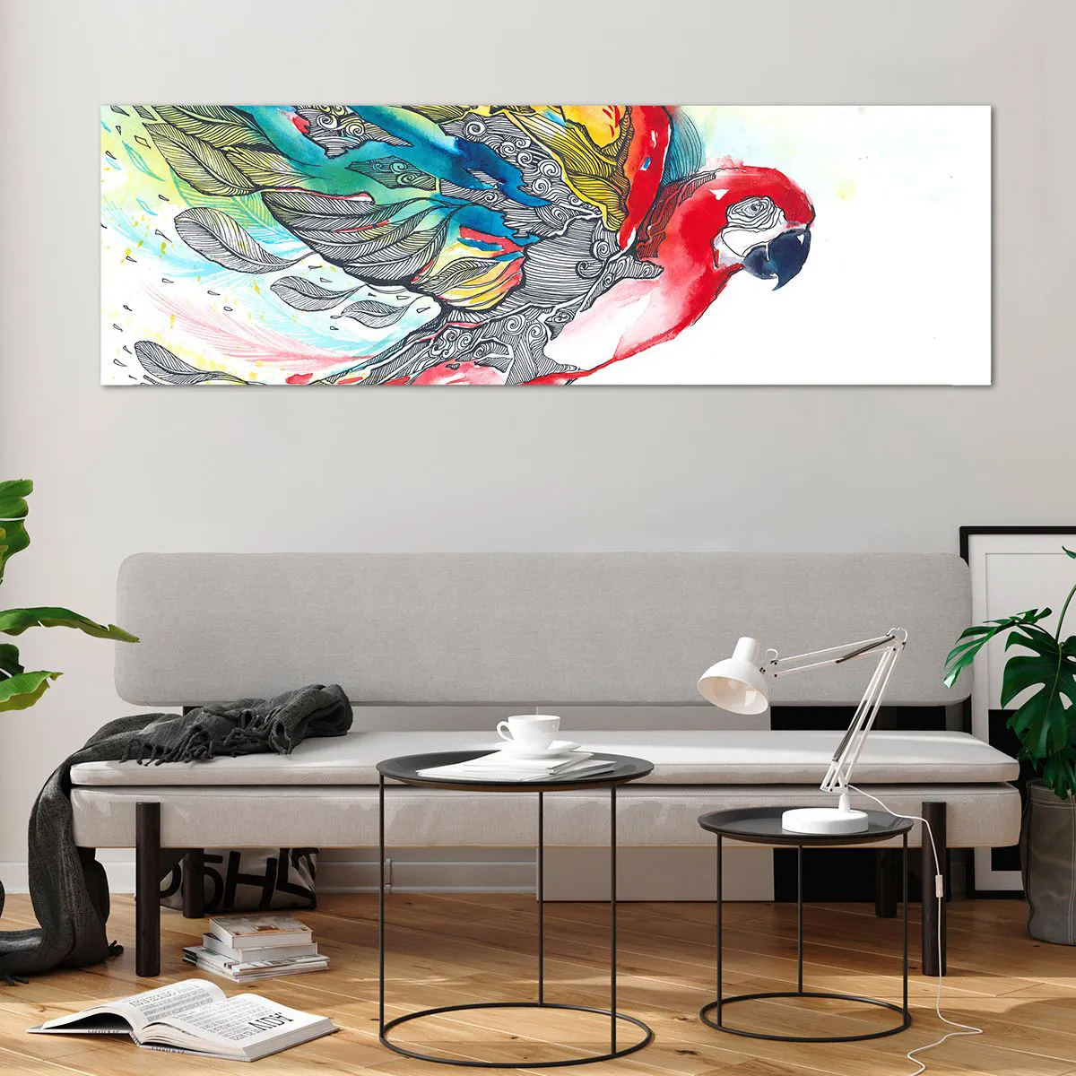 Impression sur verre - Image sur verre - Un perroquet coloré en vol avec des motifs abstraits sur ses ailes. - 160x50cm - Vivez haut en couleurs - Décoration murale moderne pour le salon et la chambre ARTTOR