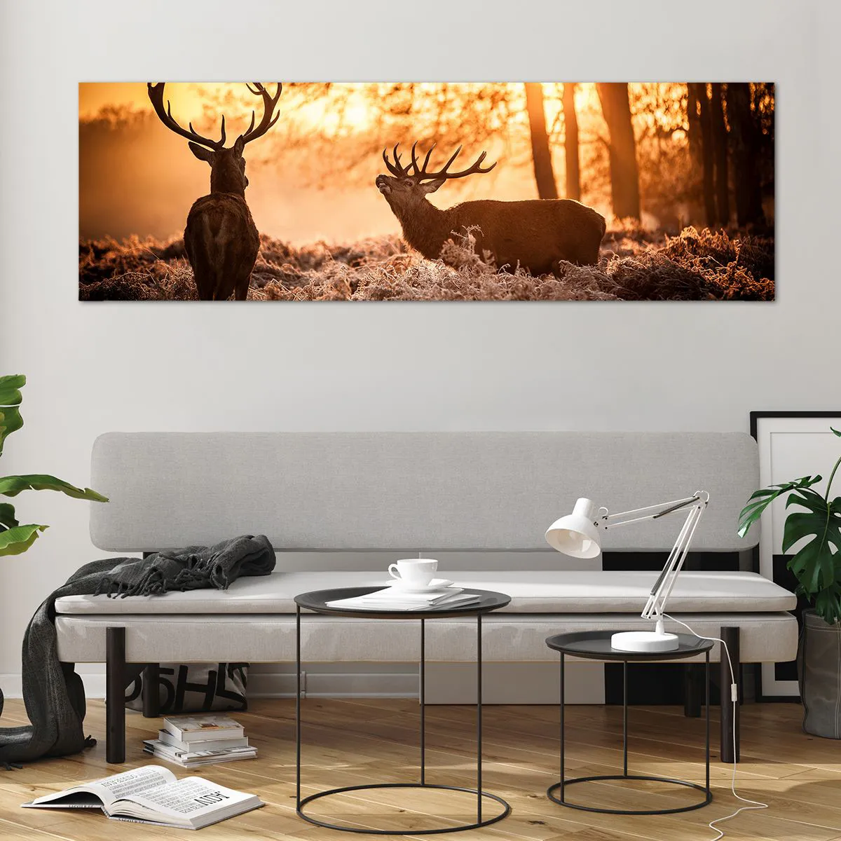 Impression sur verre - Image sur verre - Deux cerfs au coucher du soleil dans un paysage hivernal - 160x50cm - Le rêve d'un chasseur - Décoration murale moderne pour le salon et la chambre ARTTOR