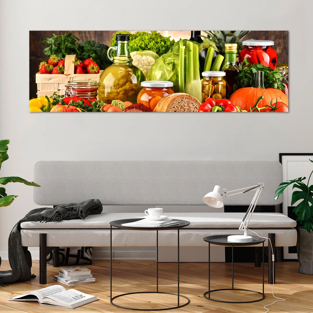 Quadro su vetro - Frutta, verdura e prodotti alimentari colorati - 160x50cm - Affumicati, arrostiti, marinati - Decorazione murale moderna per soggiorno e camera da letto ARTTOR