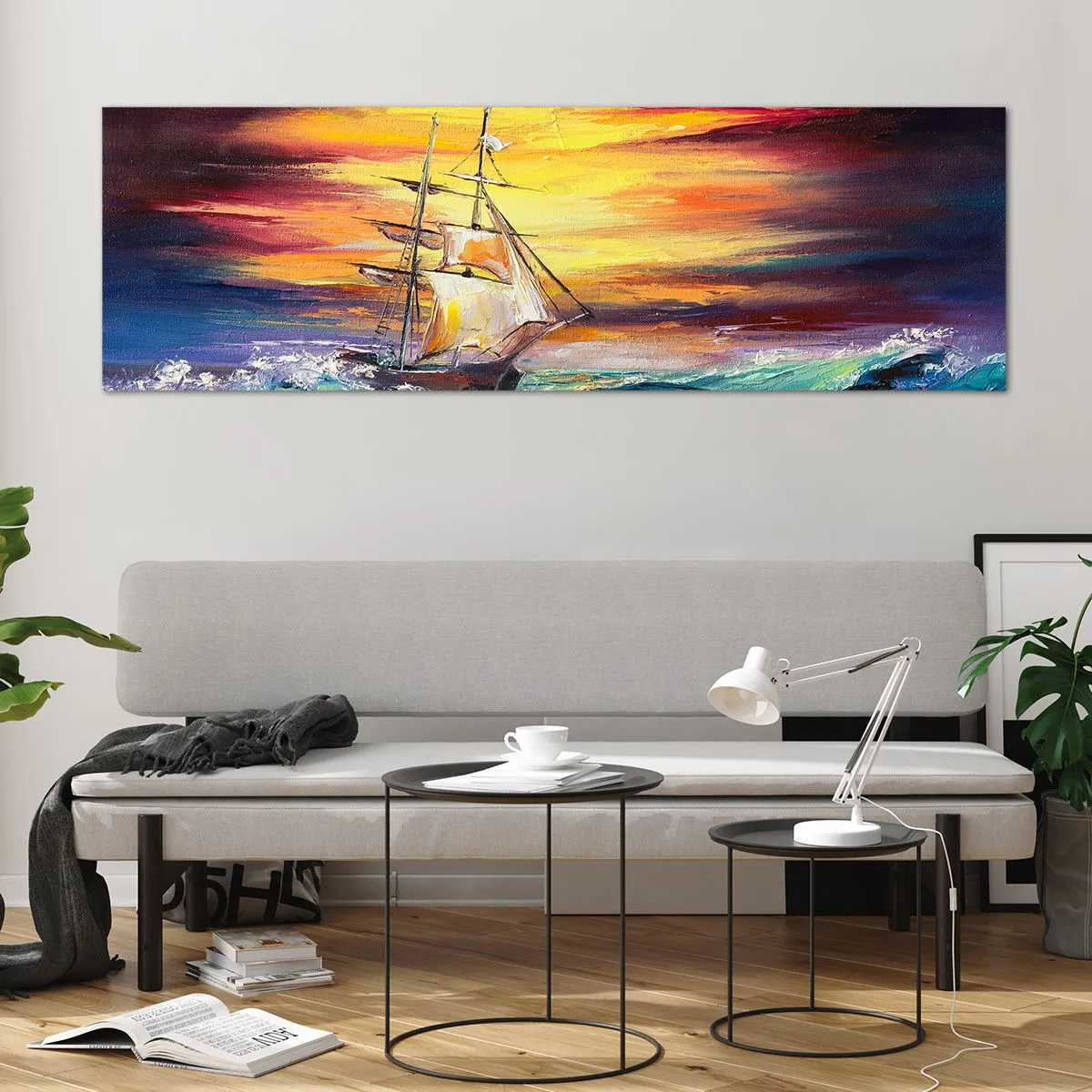 Impression sur verre - Image sur verre - Un voilier sur fond de coucher de soleil coloré - 160x50cm - Courageusement sous les vagues - Décoration murale moderne pour le salon et la chambre ARTTOR