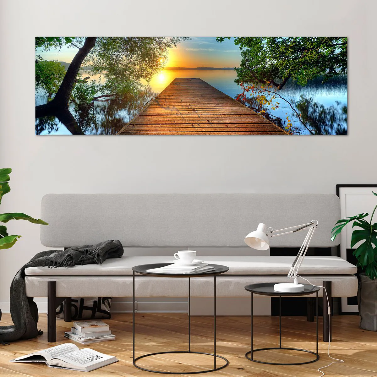Cuadro sobre vidrio - Impresiones sobre Vidrio - Un muelle de madera rodeado de vegetación durante la puesta de sol. - 160x50cm - Tómate tu tiempo, siéntate - Decoración de pared moderna para salón y dormitorio ARTTOR