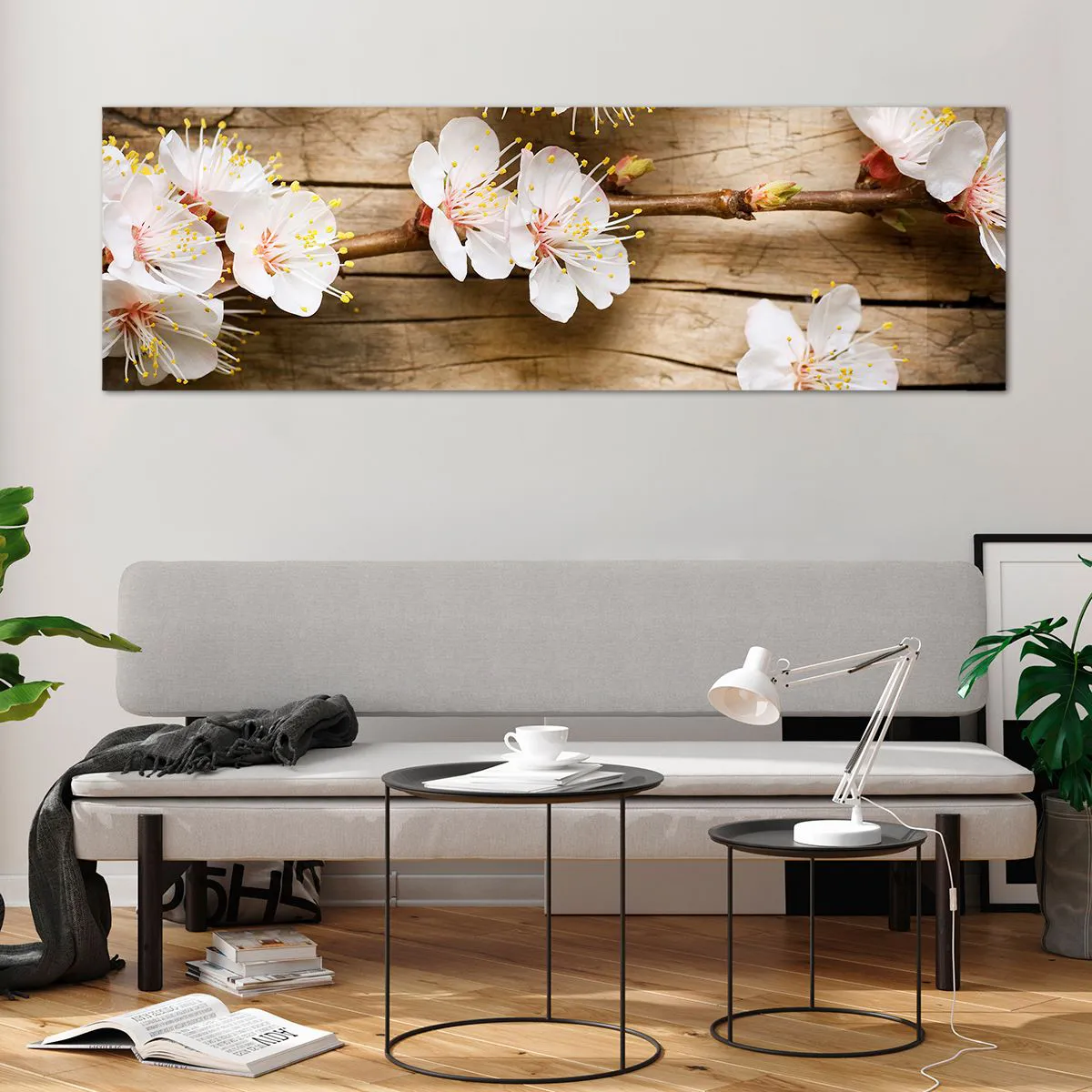 Quadro su vetro - Rami di ciliegi in fiore su uno sfondo di tavola di legno - 160x50cm - Ed è giunta la primavera - Decorazione murale moderna per soggiorno e camera da letto ARTTOR