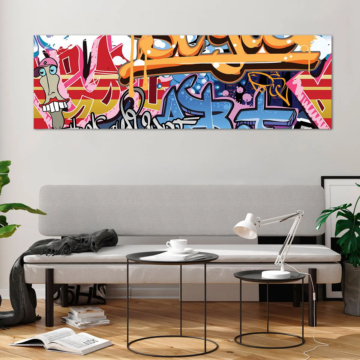 Impression sur verre - Image sur verre - Graffitis colorés avec inscriptions et illustrations dynamiques - 160x50cm - Fresques, fresques, fresques… - Décoration murale moderne pour le salon et la chambre ARTTOR