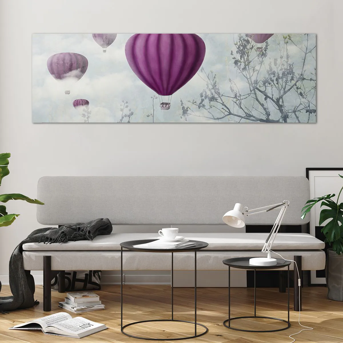 Cuadro sobre vidrio - Impresiones sobre Vidrio - Globos morados flotando sobre los árboles en las nubes. - 160x50cm - Surcando los cielos - Decoración de pared moderna para salón y dormitorio ARTTOR