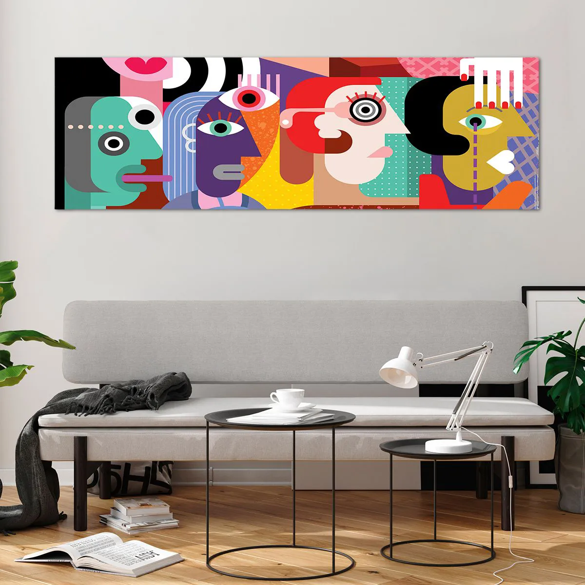Impression sur verre - Image sur verre - Abstraction colorée avec des visages géométriques - 160x50cm - Nous par M. Picasso - Décoration murale moderne pour le salon et la chambre ARTTOR