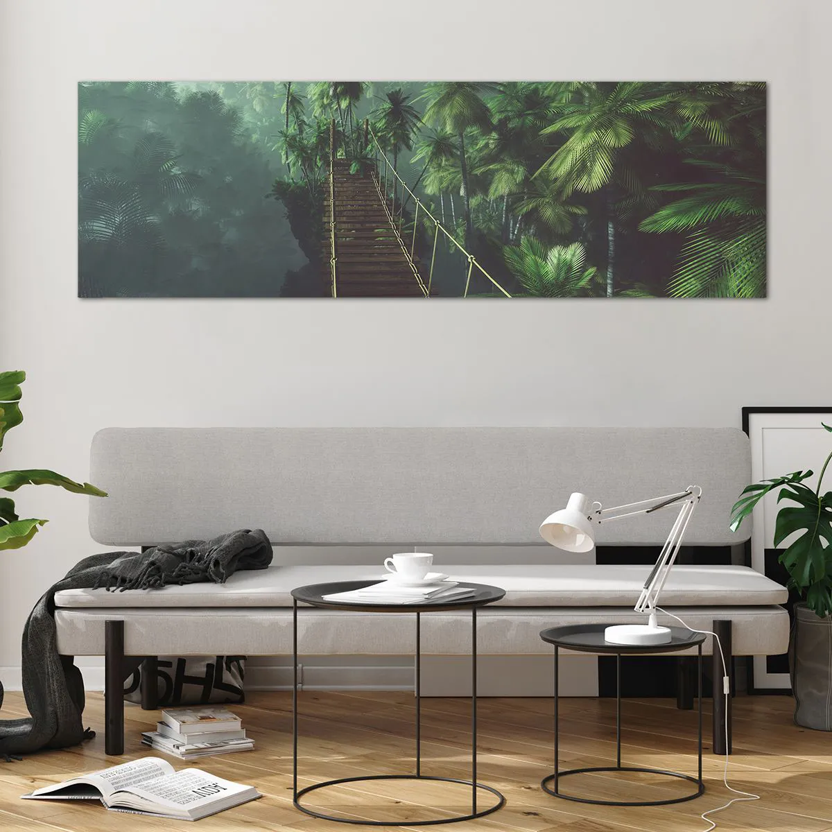 Glasbild - Bild auf glas - Eine Hängebrücke in einem tropischen Wald, umgeben von Nebel. - 160x50cm - Über der Brandung des Grüns - Moderne Wanddekoration für Wohnzimmer und Schlafzimmer ARTTOR