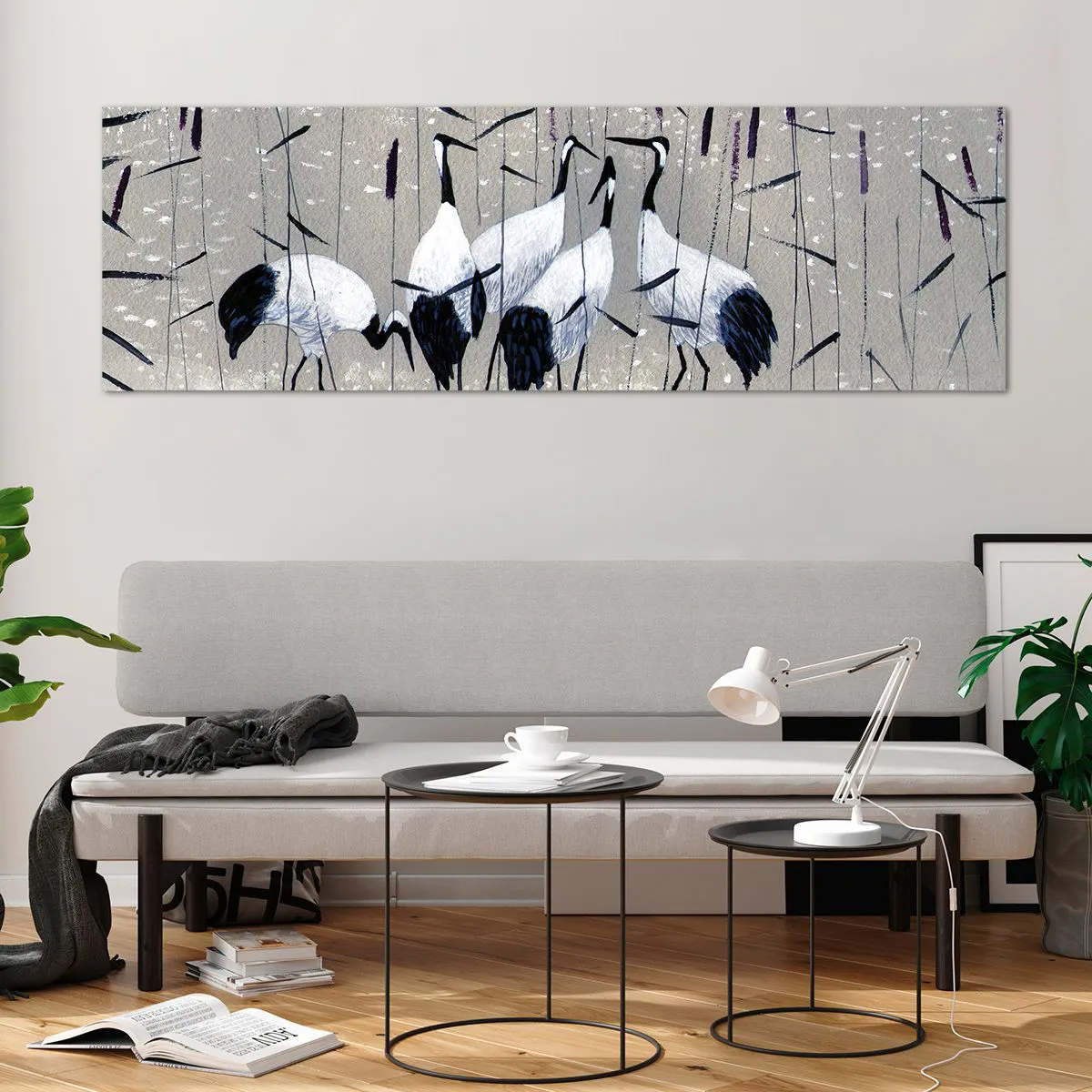 Glasbild - Bild auf glas - Reiher im Gras vor einem friedlichen Hintergrund - 160x50cm - Unter ihren eigenen - Moderne Wanddekoration für Wohnzimmer und Schlafzimmer ARTTOR