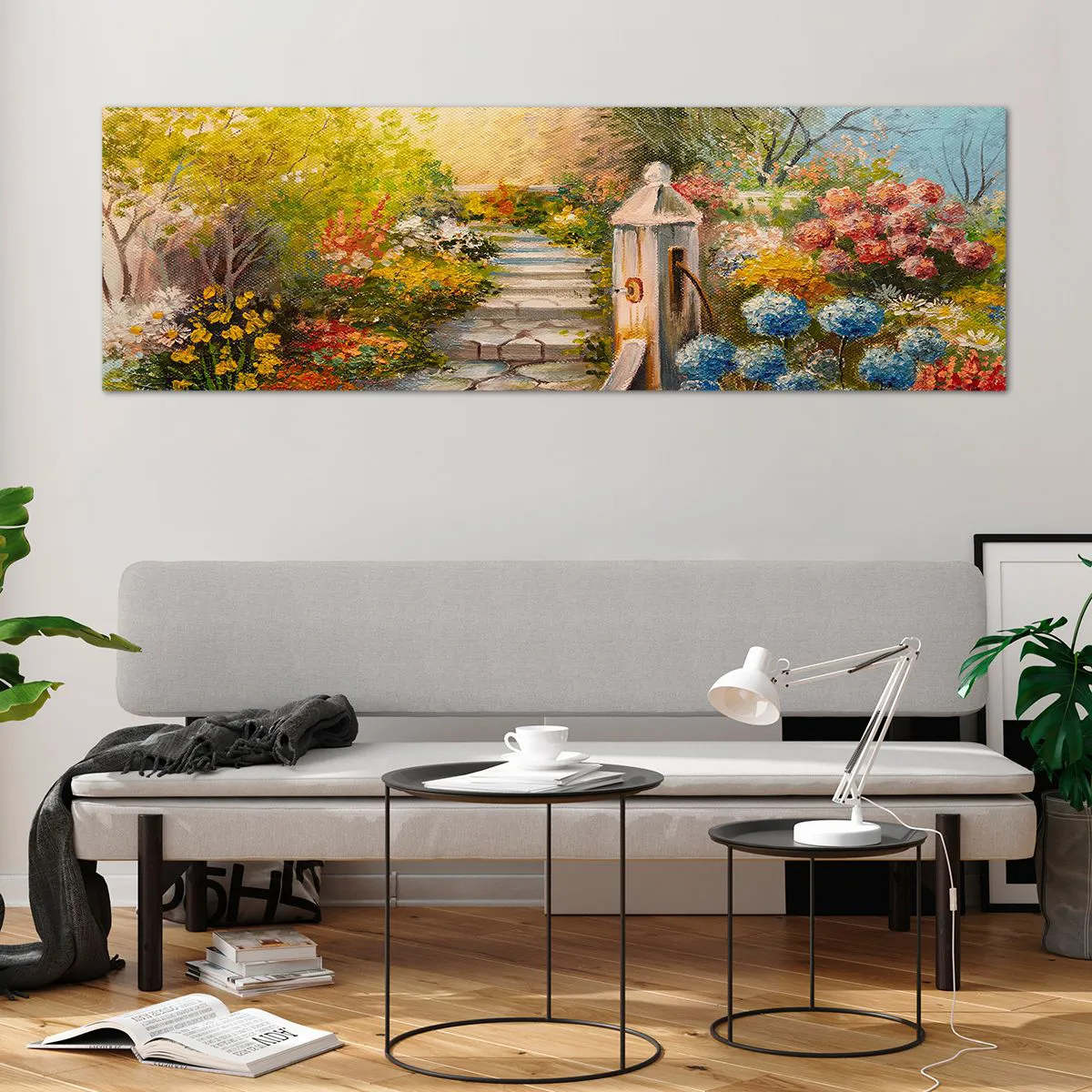 Glasbild - Bild auf glas - Ein malerischer Garten mit einem Brunnen und bunten Blumen - 160x50cm - In voller Blüte - Moderne Wanddekoration für Wohnzimmer und Schlafzimmer ARTTOR