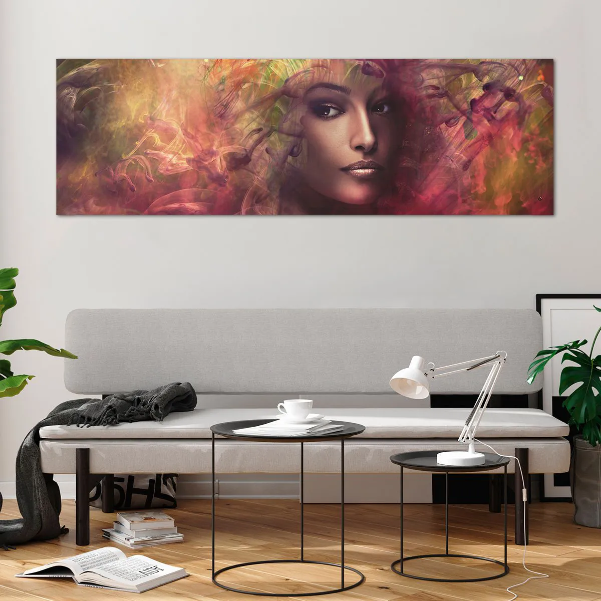 Glasbild - Bild auf glas - Eine Frau in abstrakten Farben, die einen dynamischen Hintergrund schafft - 160x50cm - Ich bin hier! - Moderne Wanddekoration für Wohnzimmer und Schlafzimmer ARTTOR