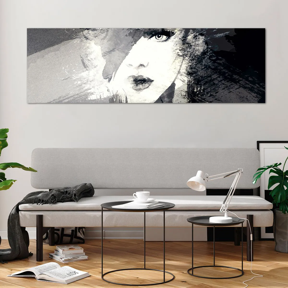 Quadro su vetro - Un ritratto astratto di una donna in tonalità di grigio con delicati accenti. - 160x50cm - Dietro un velo grigio - Decorazione murale moderna per soggiorno e camera da letto ARTTOR