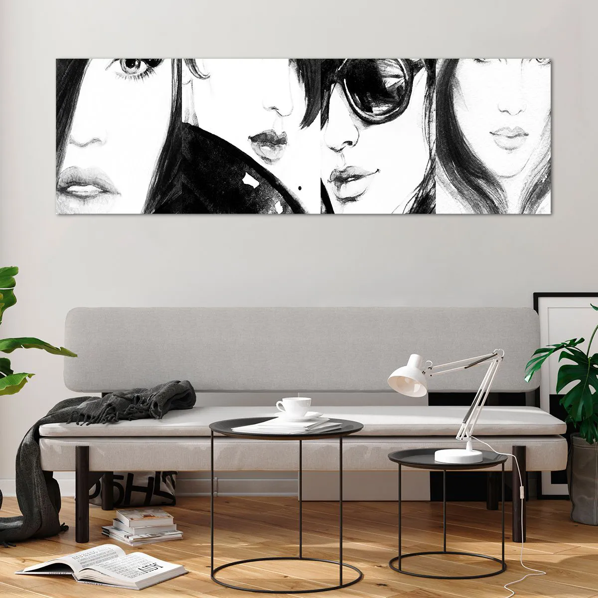 Glasbild - Bild auf glas - Stilvolle Frauenporträts in monochromen Tönen - 160x50cm - Schönheit multipliziert - Moderne Wanddekoration für Wohnzimmer und Schlafzimmer ARTTOR