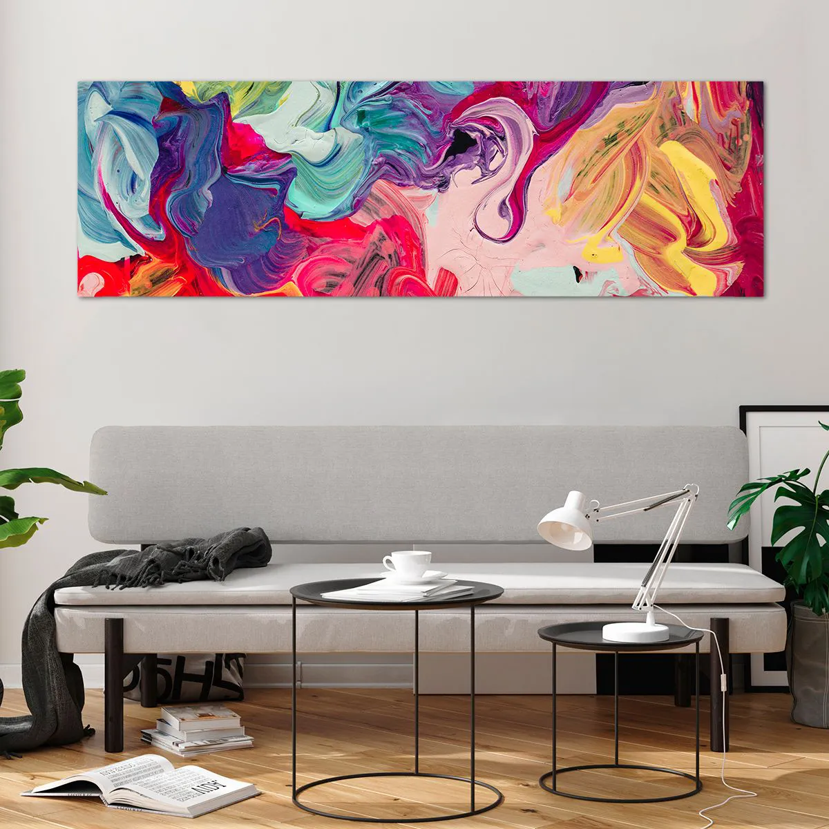 Glasbild - Bild auf glas - Eine abstrakte Komposition mit lebendigen, wirbelnden Farben und einer dynamischen Struktur. - 160x50cm - Die Geburt der Farben - Moderne Wanddekoration für Wohnzimmer und Schlafzimmer ARTTOR