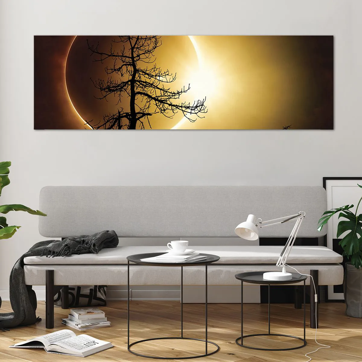 Cuadro sobre vidrio - Impresiones sobre Vidrio - Eclipse solar con una silueta de árbol en primer plano - 160x50cm - Eclipse total - Decoración de pared moderna para salón y dormitorio ARTTOR