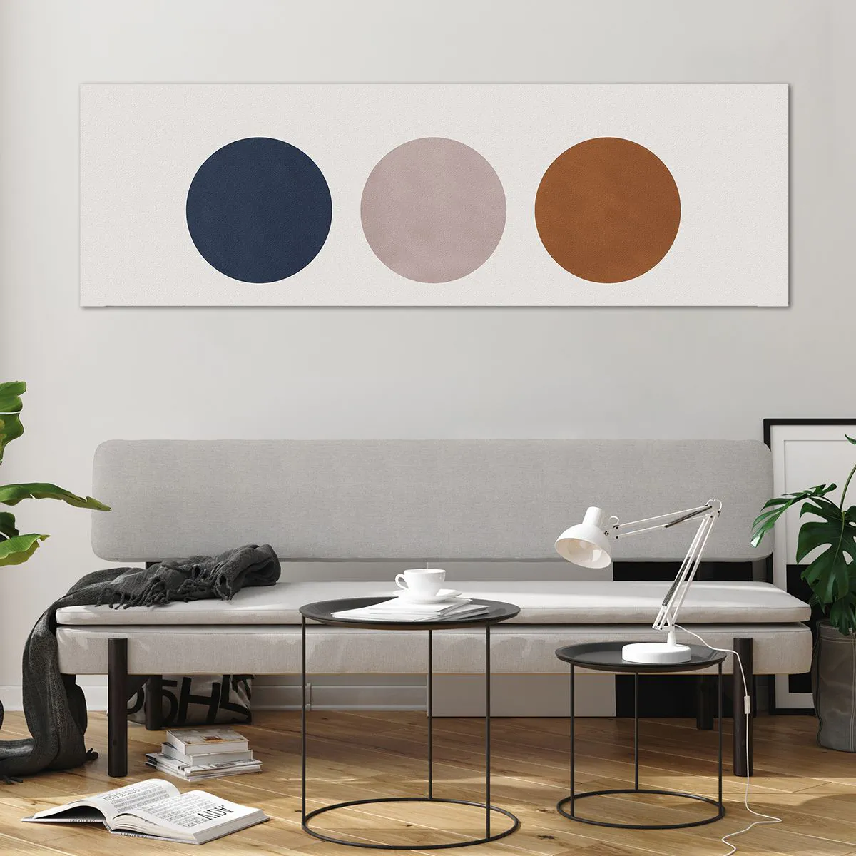 Obraz na szkle - Minimalistyczna kompozycja z trzema kolorowymi kołami - 160x50cm - Symbol doskonałości - Nowoczesna dekoracja ścienna do salonu i sypialni ARTTOR