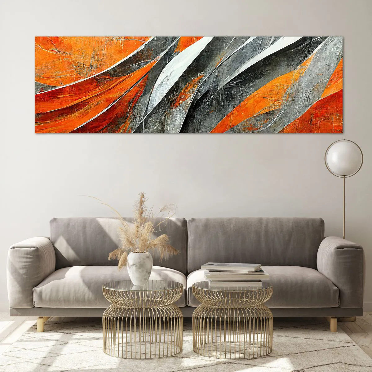 Glasbild - Bild auf glas - Abstrakte Linien in Orange- und Grautönen - 160x50cm - Hitze und Kälte - Moderne Wanddekoration für Wohnzimmer und Schlafzimmer ARTTOR