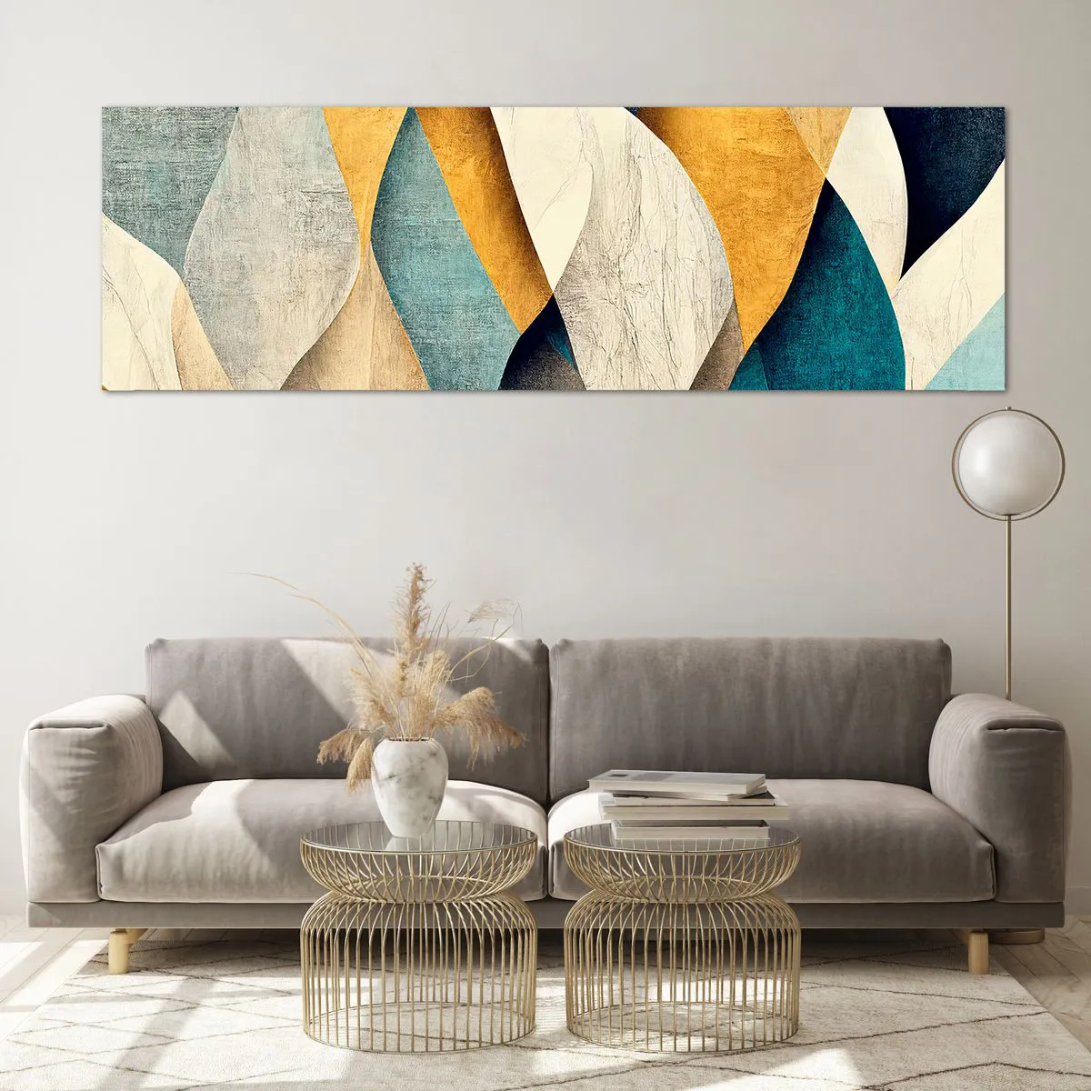 Obraz na szkle - Abstrakcyjne fale w odcieniach niebieskiego i złota - 160x50cm - Rytm i falowanie - Nowoczesna dekoracja ścienna do salonu i sypialni ARTTOR