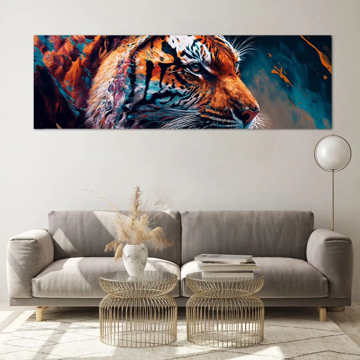Obraz na szkle - Portret tygrysa w dynamicznej, abstrakcyjnej kolorystyce - 160x50cm - Dzikie piękno - Nowoczesna dekoracja ścienna do salonu i sypialni ARTTOR
