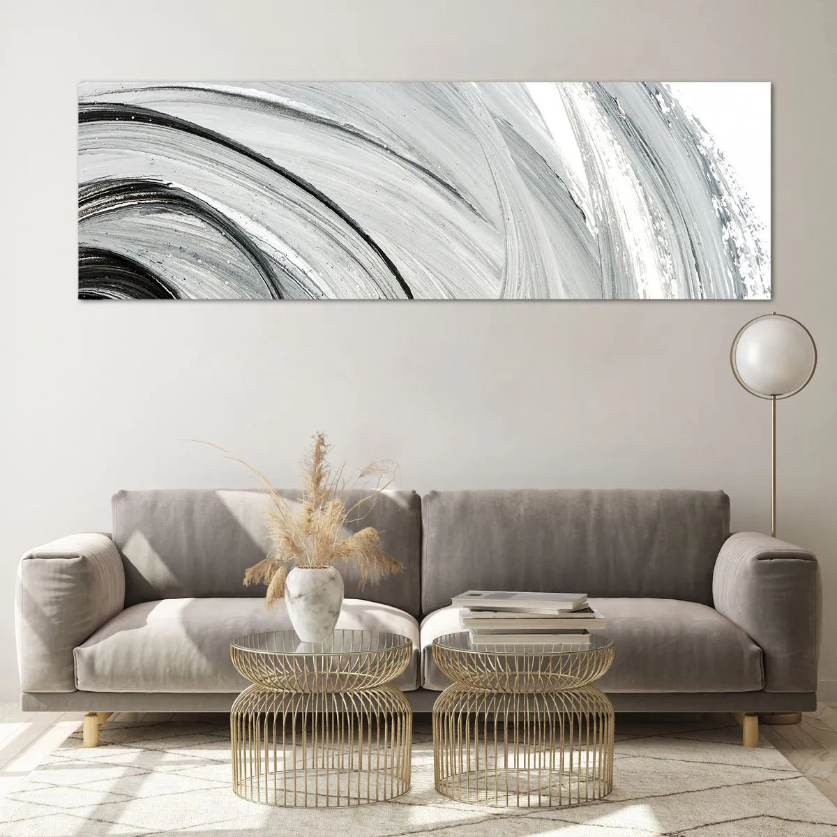 Glasbild - Bild auf glas - Ein monochromer Wirbel in Grau- und Schwarztönen - 160x50cm - Orbitale Komposition - Moderne Wanddekoration für Wohnzimmer und Schlafzimmer ARTTOR