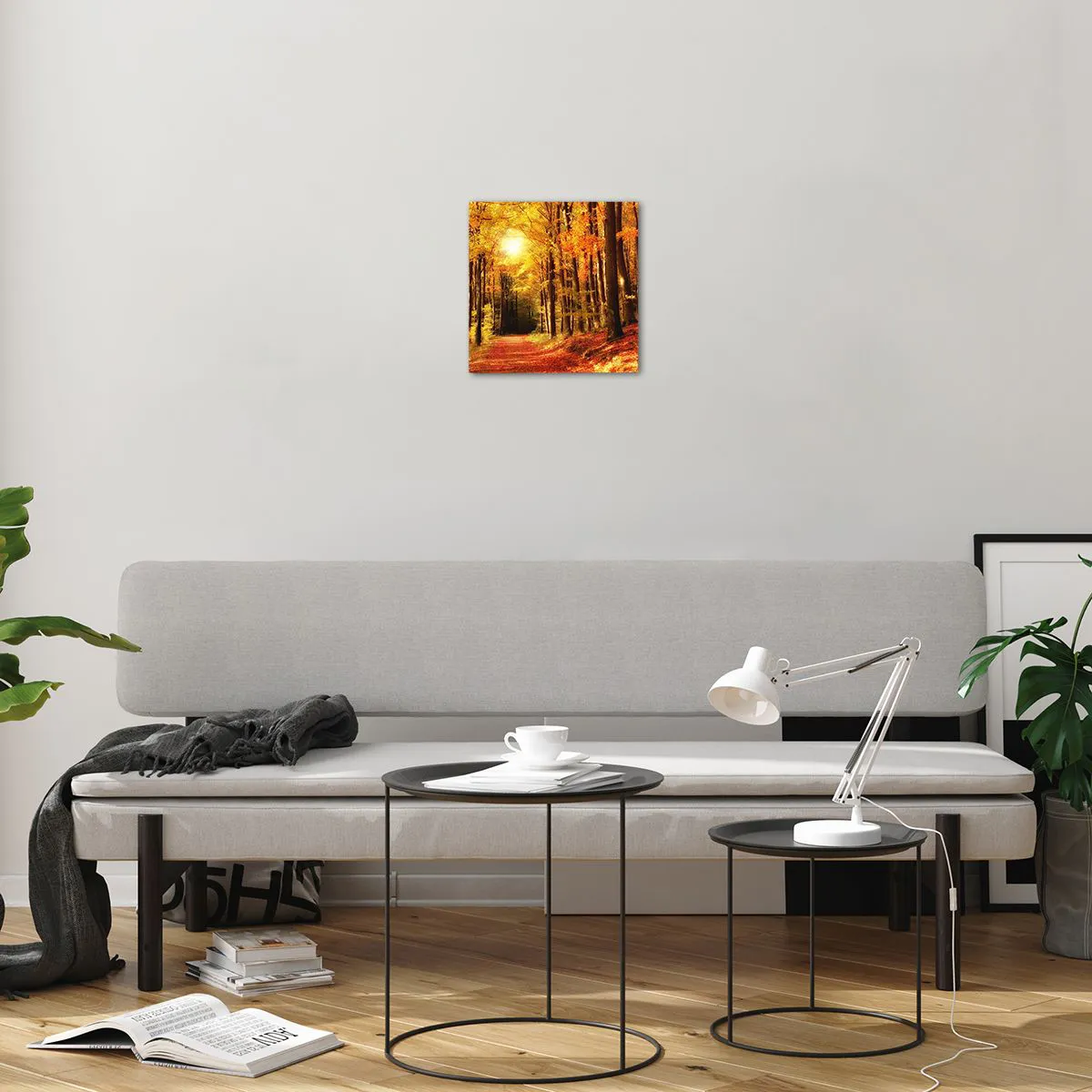 Tablou pe sticlă - Toamna de aur pe un drum forestier - 30x30 cm