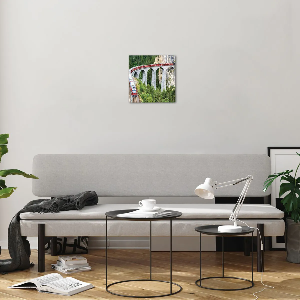 Quadro em vidro - Linha férrea com vista para a montanha - 30x30 cm