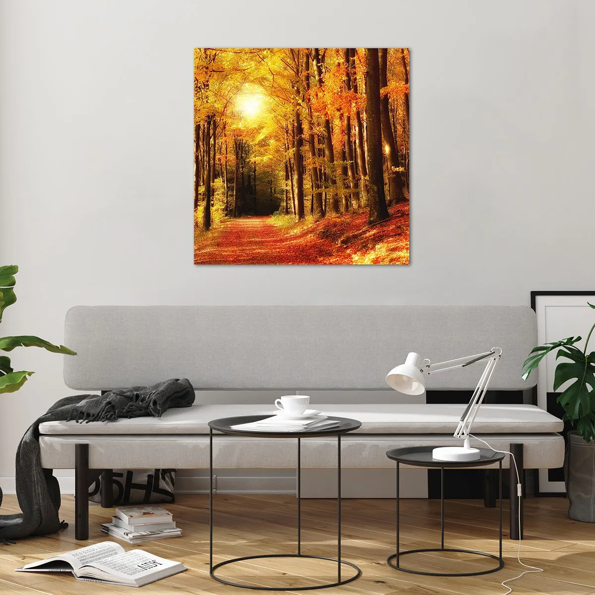 Tablou pe sticlă - Toamna de aur pe un drum forestier - 70x70 cm