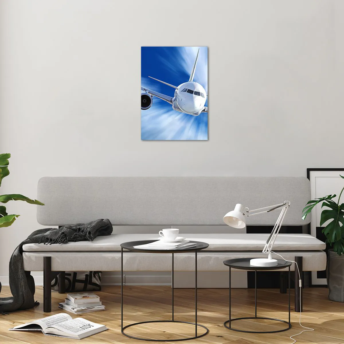 Obraz na szkle - Samolot pasażerski na tle błękitnego, dynamicznego nieba - 50x70cm - Szybszy niż wiatr na niebie - Nowoczesna dekoracja ścienna do salonu, kuchni i sypialni ARTTOR