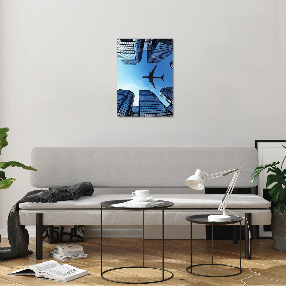 Impression sur verre - Image sur verre - Vue de l'avion entre les gratte-ciels - 50x70cm - La vue depuis le ravin de verre - Décoration murale moderne pour le salon et la chambre ARTTOR