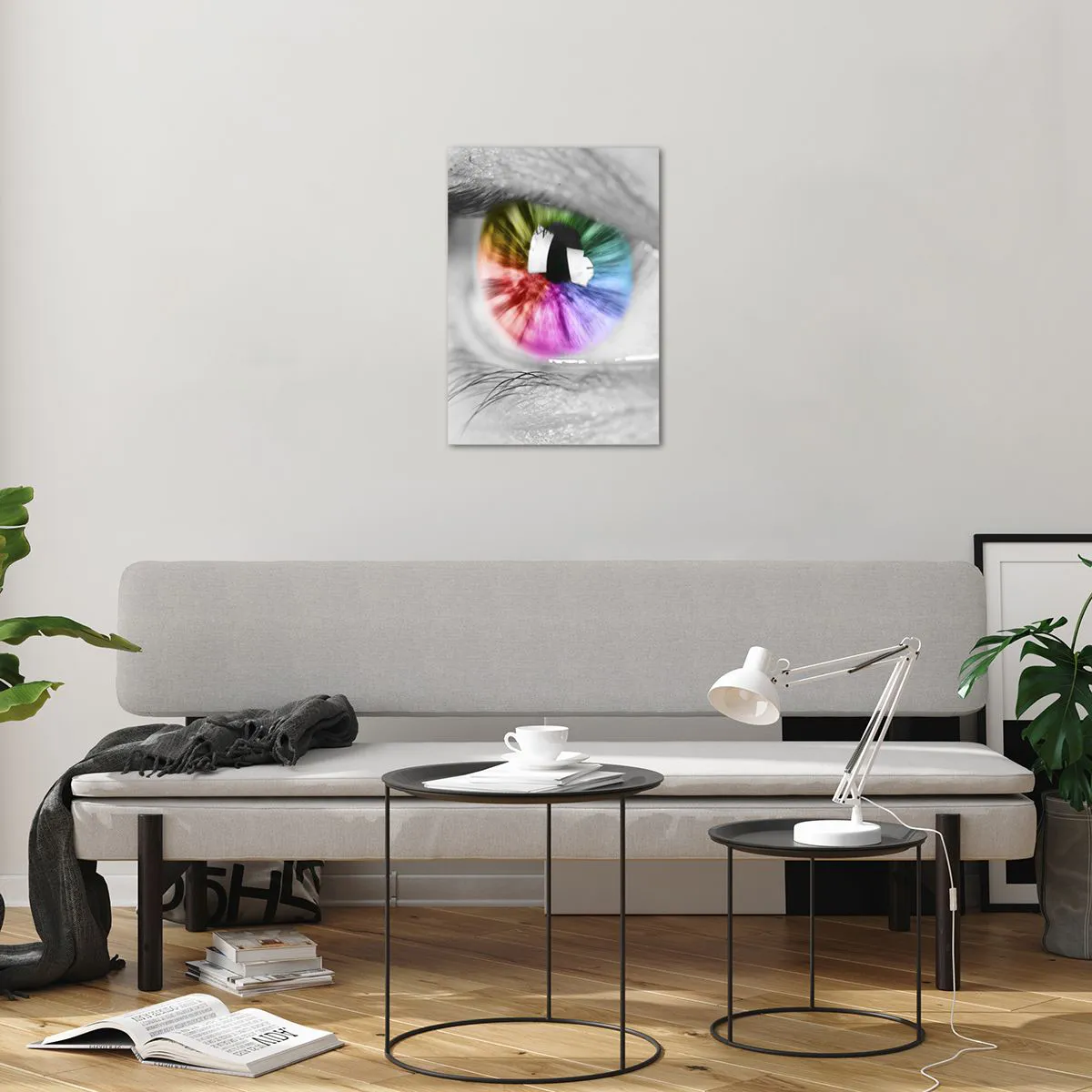 Obraz na szkle - Kolorowa tęczówka oka na czarno-białym tle - 50x70cm - Patrzeć na świat kolorowo - Nowoczesna dekoracja ścienna do salonu, kuchni i sypialni ARTTOR