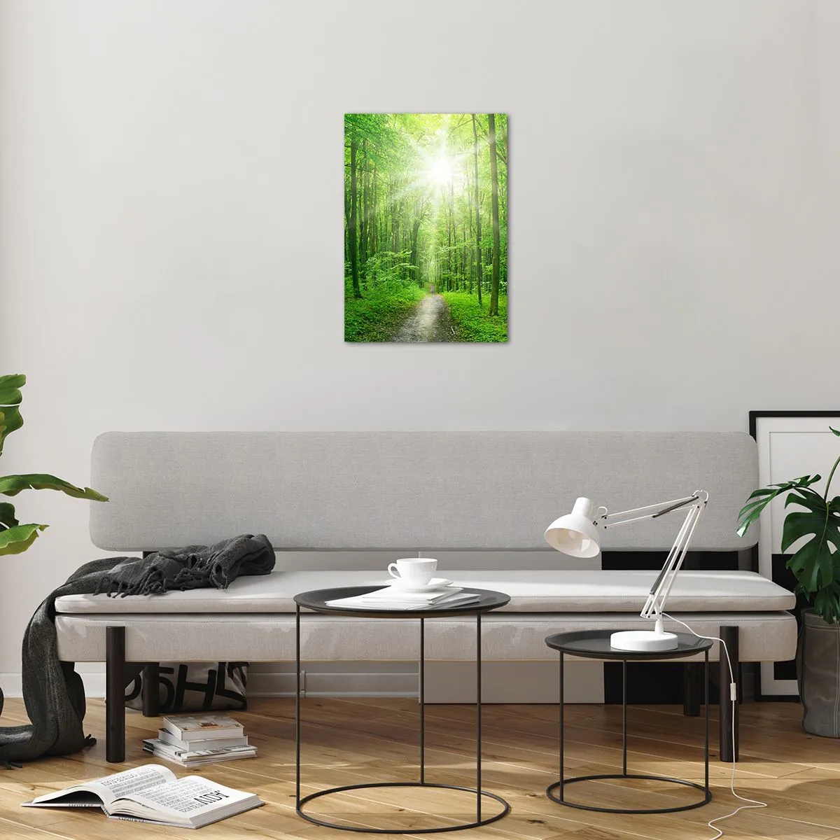 Cuadro sobre vidrio - Impresiones sobre Vidrio - Un camino en el bosque iluminado por los rayos del sol. - 50x70cm - Catedral verde - Decoración de pared moderna para salón y dormitorio ARTTOR