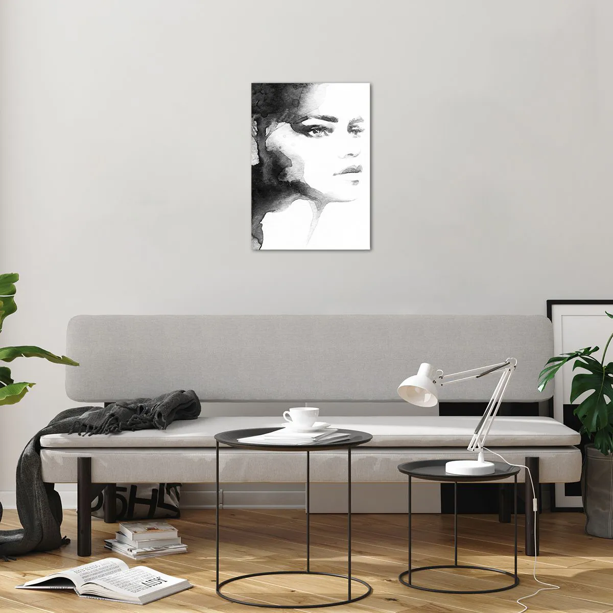 Quadro su vetro - Ritratto di donna ad acquerello in bianco e nero - 50x70cm - Fatta di mistero e di nebbia - Decorazione murale moderna per soggiorno e camera da letto ARTTOR