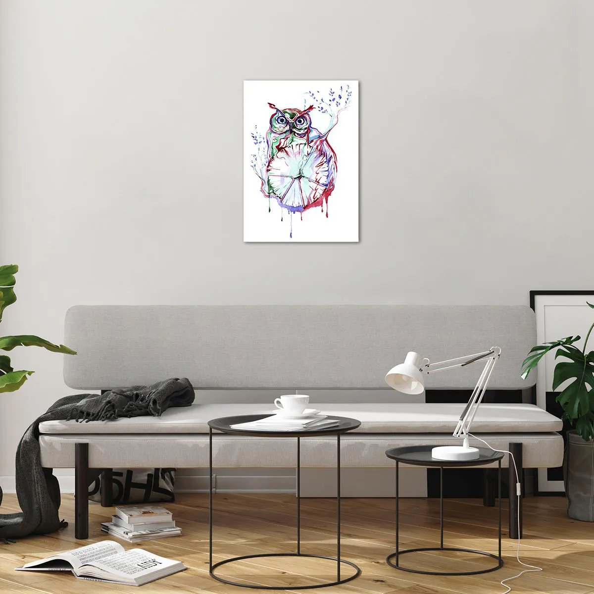 Glasbild - Bild auf glas - Abstrakte Eule in einer farbenfrohen Aquarellkomposition - 50x70cm - Von Natur aus klug - Moderne Wanddekoration für Wohnzimmer und Schlafzimmer ARTTOR