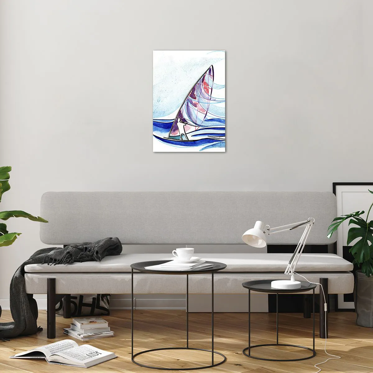 Impression sur verre - Image sur verre - Un voilier sur les vagues dans un style aquarelle - 50x70cm - Avec le vent au rythme des vagues - Décoration murale moderne pour le salon et la chambre ARTTOR