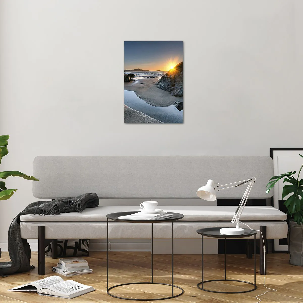Quadro su vetro - Spiaggia all'alba con rocce pittoresche e acqua - 50x70cm - Mai toccate da mano umana - Decorazione murale moderna per soggiorno e camera da letto ARTTOR